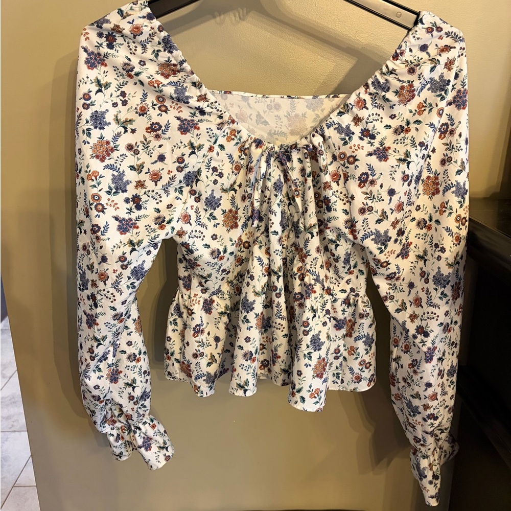 Women's Floral Tie-Front Peplum Blouse - White with Blue & Rust Floral Print